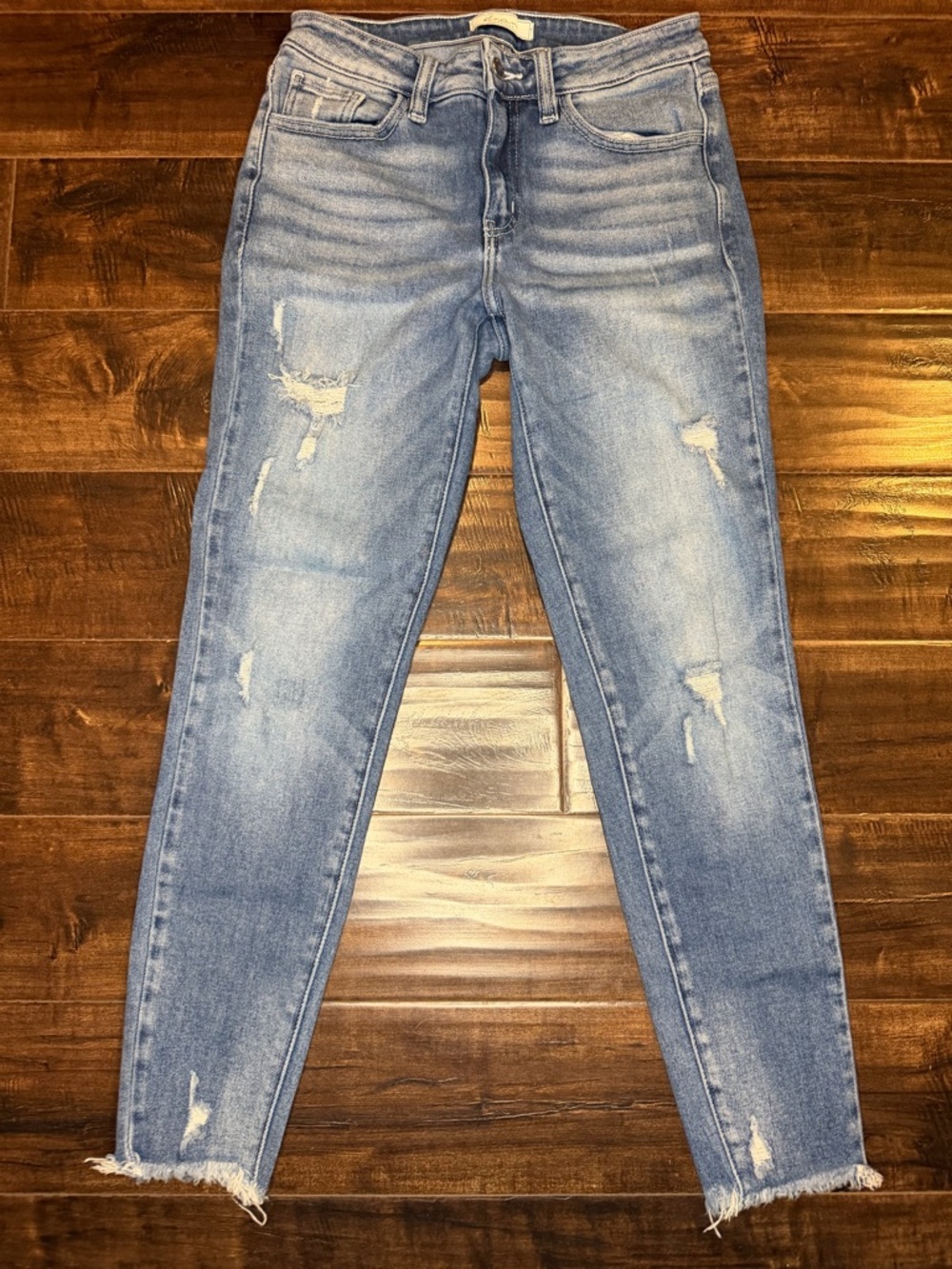 Kancan Signature Mid-Rise Ankle Skinny Jeans Distressed Raw Hem Size 27 Light